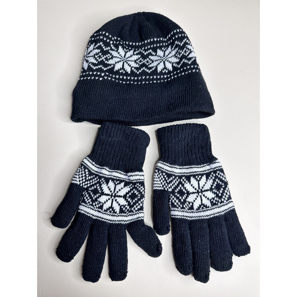 Unisex Snowflake gloves and hat, one size, black/white‎